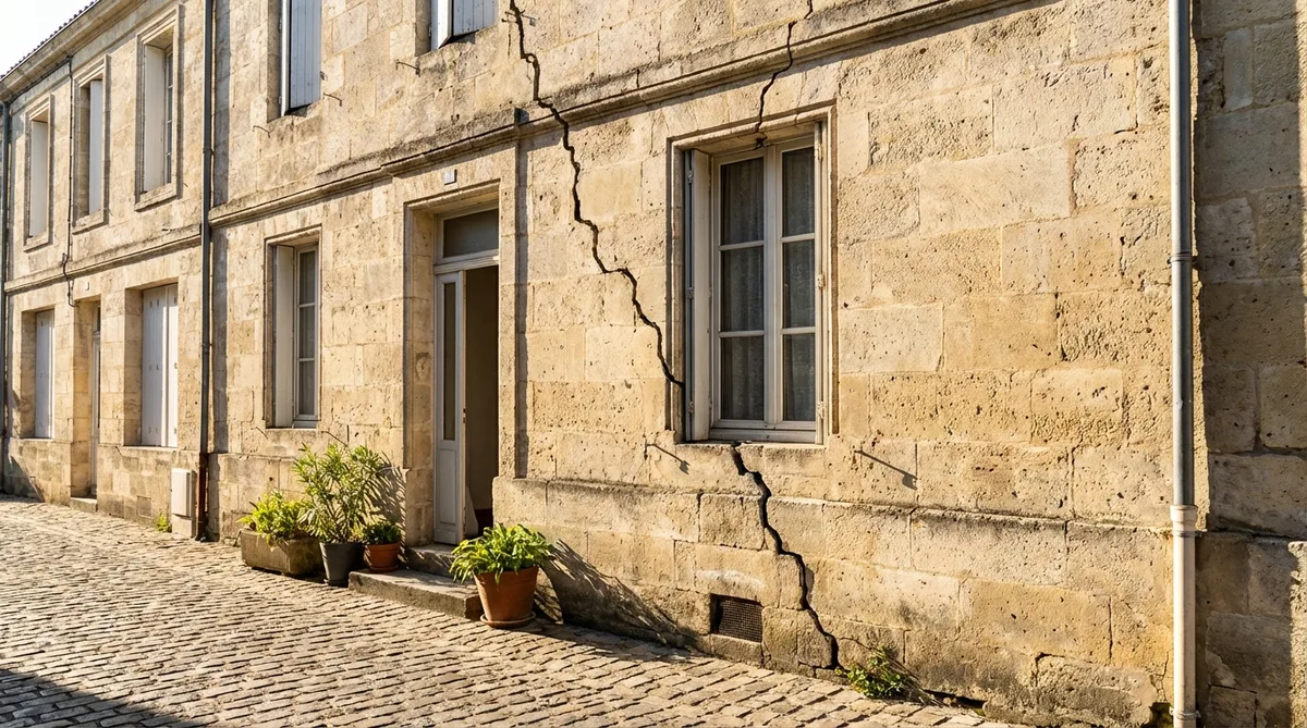 cracked facade of a typical Bordeaux echoppe under a bright summer sun highlighting foundation issues