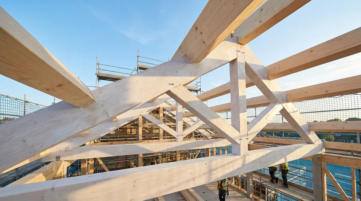 Structure de toiture en bois exposée pendant la construction montrant les traitements de sécurité incendie