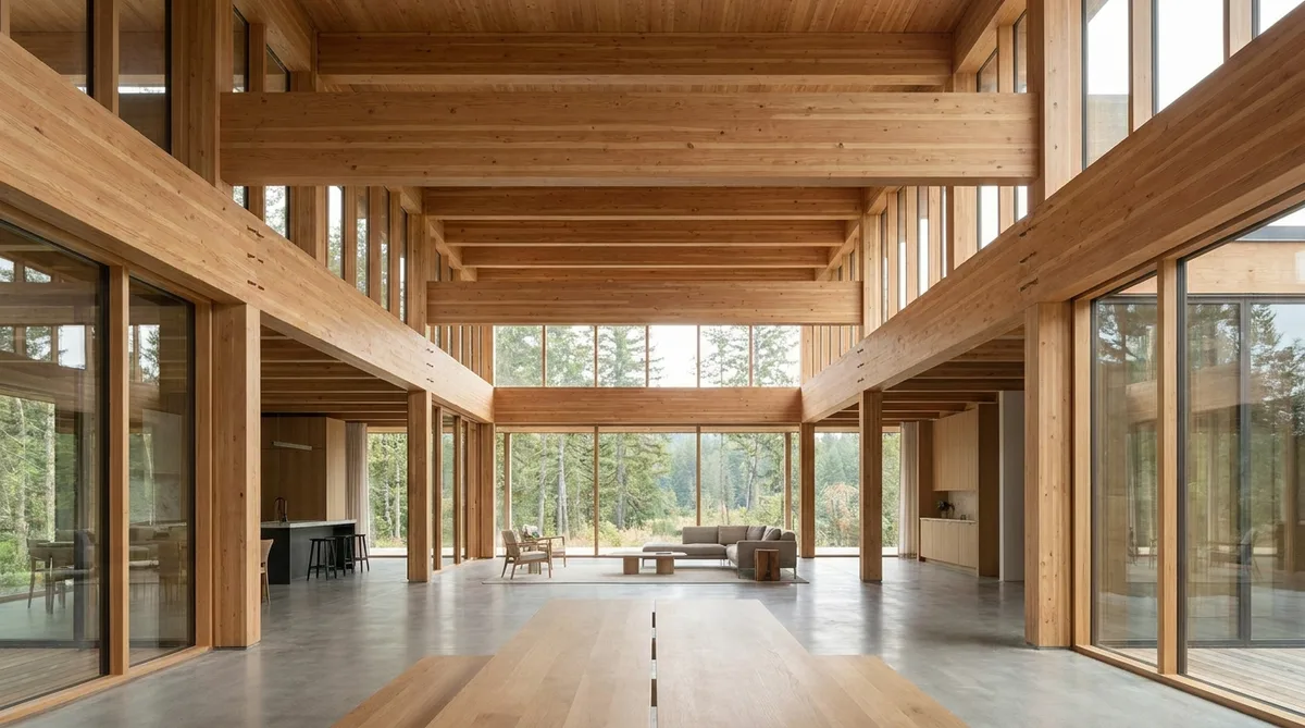 Poutres architecturales en bois lamellé-collé dans un bâtiment moderne