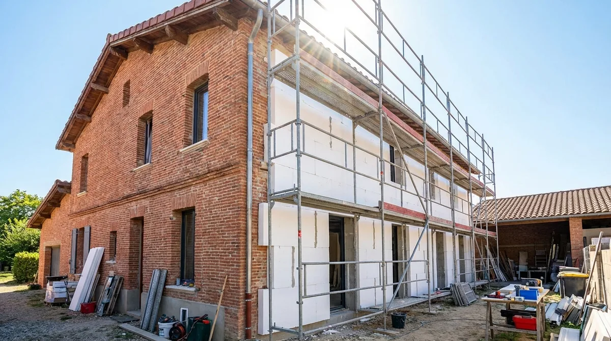 renovation of a traditional red brick Toulousaine house with modern insulation and scaffolding under a sunny blue sky in Haute-Garonne