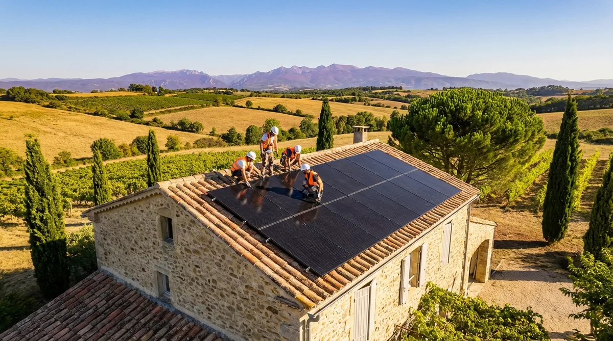 installation of solar panels on a terracotta tile roof of a house in the sunny Occitanie countryside near the Pyrenees mountains