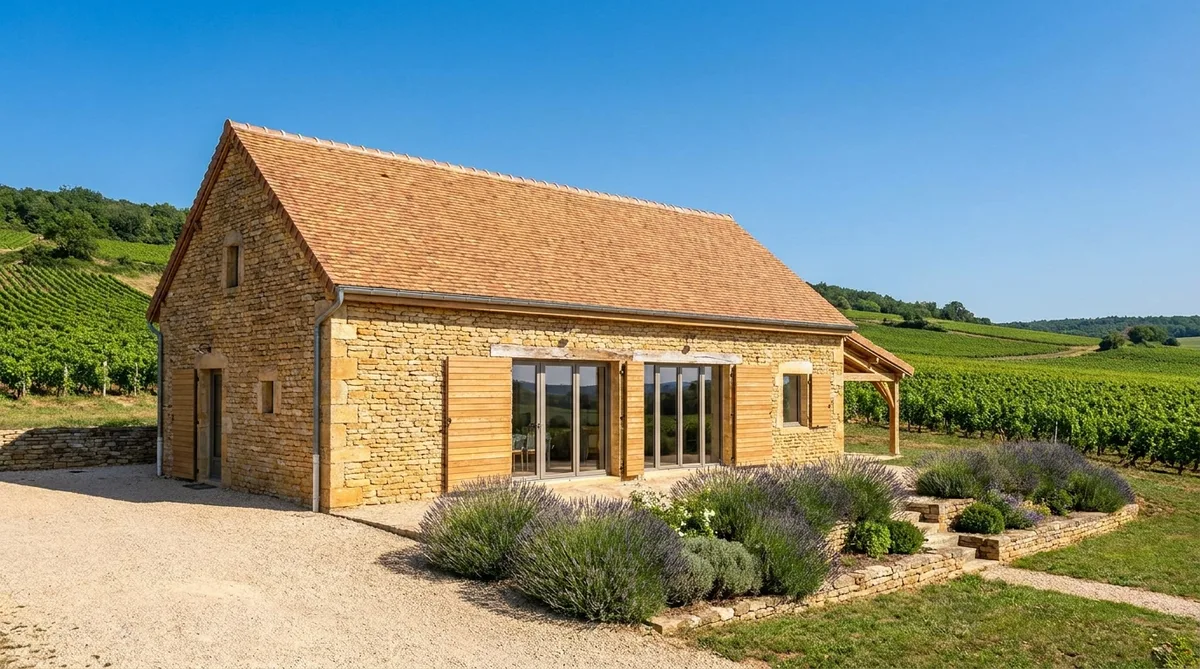 traditional stone house renovation in Burgundy vineyards with terracotta roof tiles