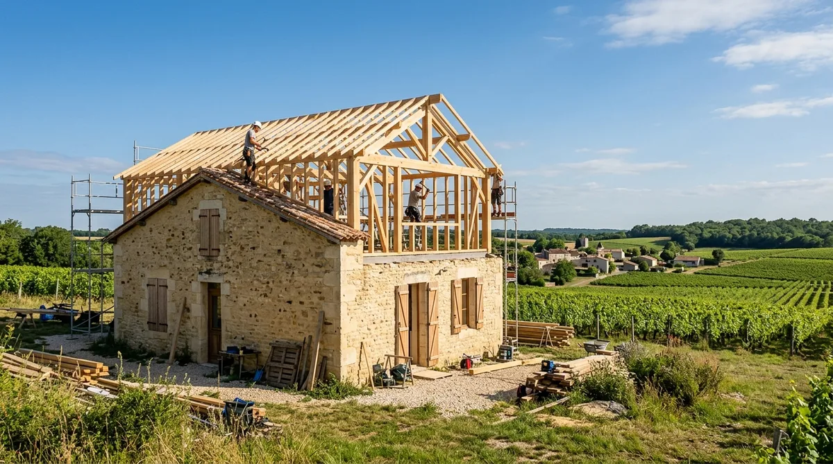 traditional charente limestone house getting a wooden frame roof extension, vineyards in background, sunny day