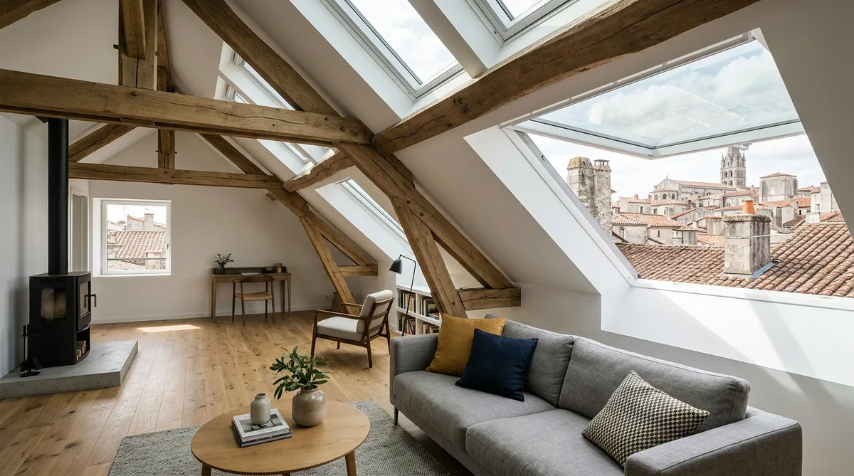 interior of a modern attic extension in a charente house, exposed wooden beams, bright skylights, view of terracotta roofs of angouleme
