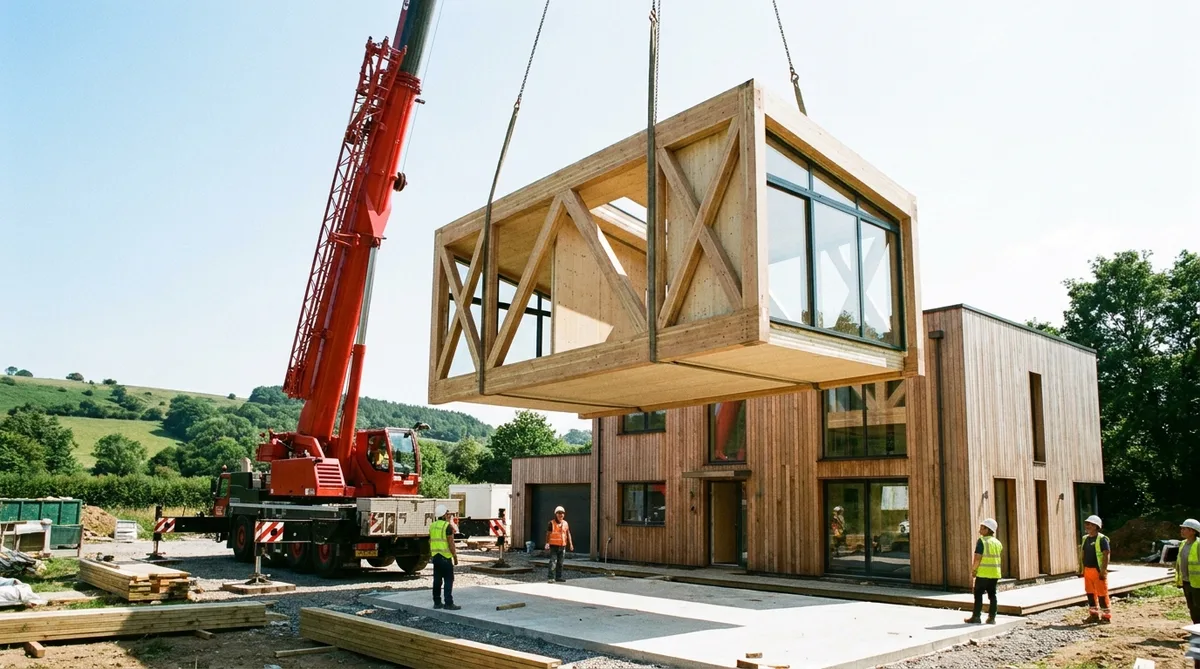 Modern timber frame house extension being lifted by crane construction site