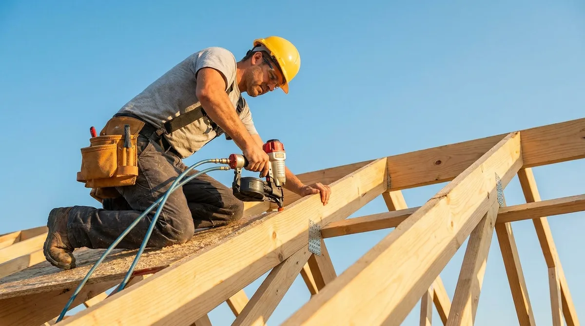 Carpenter working on wooden roof structure framing sunny day
