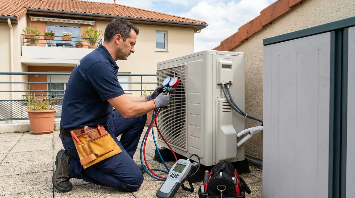 Technicien frigoriste vérifiant la pression du gaz d'une climatisation extérieure avec ses outils