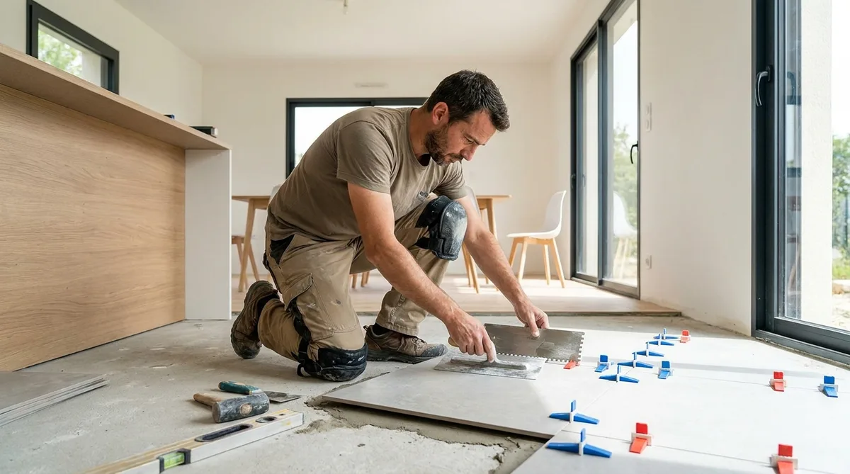 Artisan carreleur posant un sol en grès cérame grand format avec des croisillons auto-nivelants