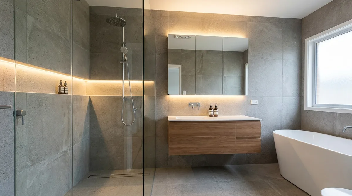 Salle de bain moderne rénovée avec faïence murale, douche à l'italienne et grand miroir
