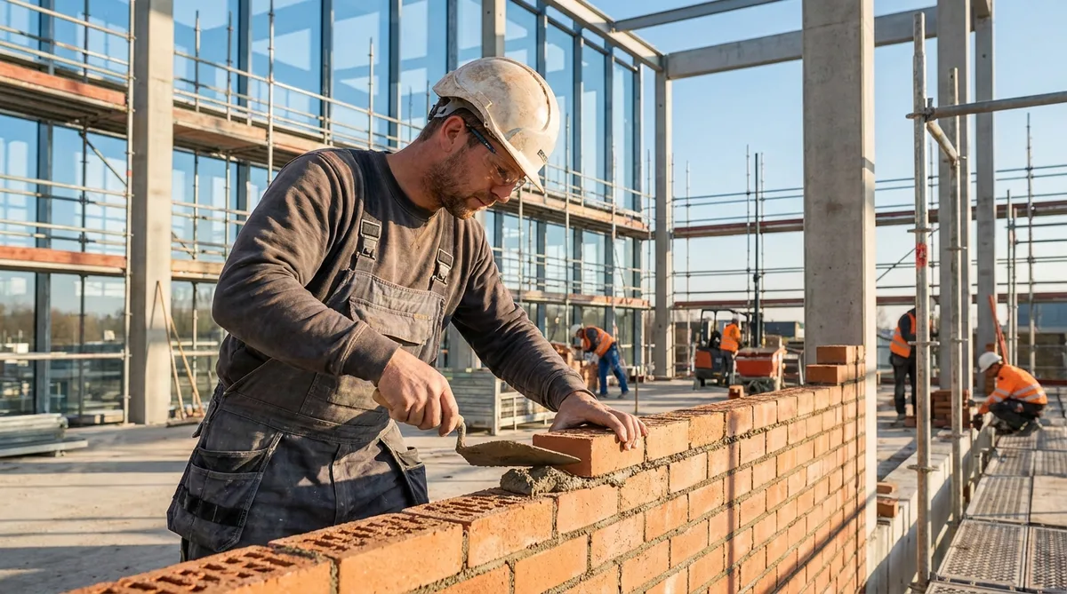 professional mason building a brick wall on a modern construction site