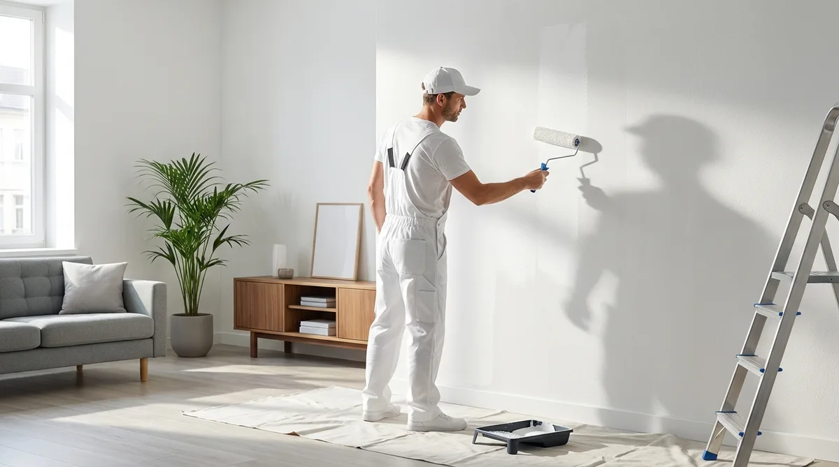 Professional painter applying white paint on a living room wall with a roller