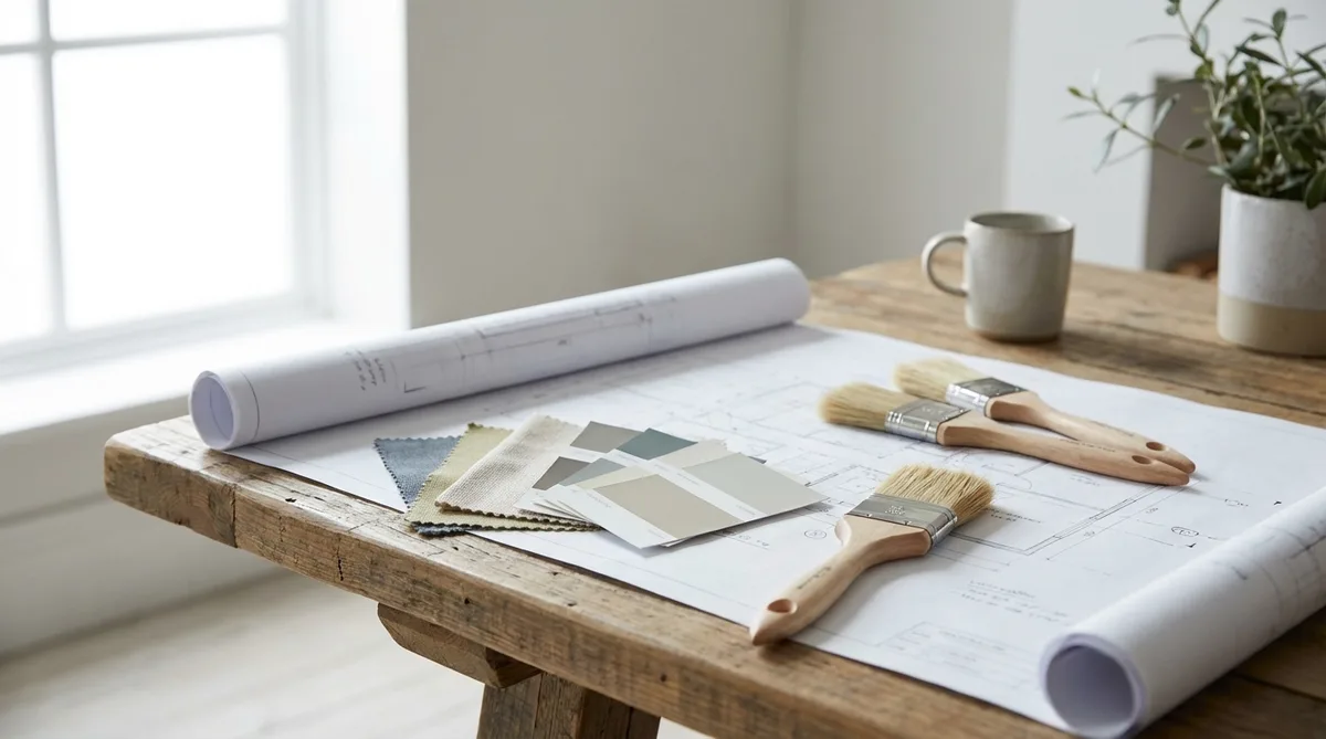 Color swatches and paint brushes on a wooden table with a blueprint