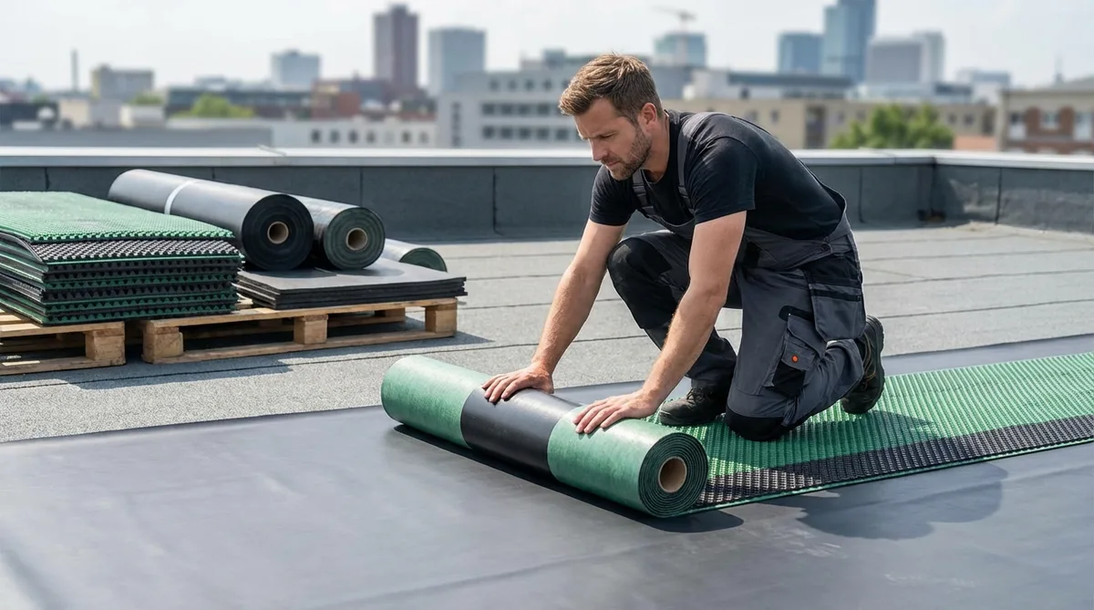 Installation d'une membrane d'étanchéité EPDM et de plaques de drainage sur un toit plat par un couvreur professionnel