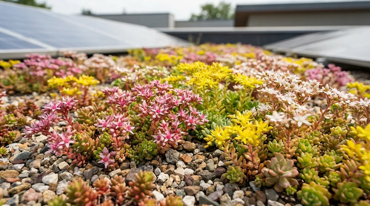 Gros plan sur des plantes grasses sédum florissantes sur une toiture végétalisée extensive moderne
