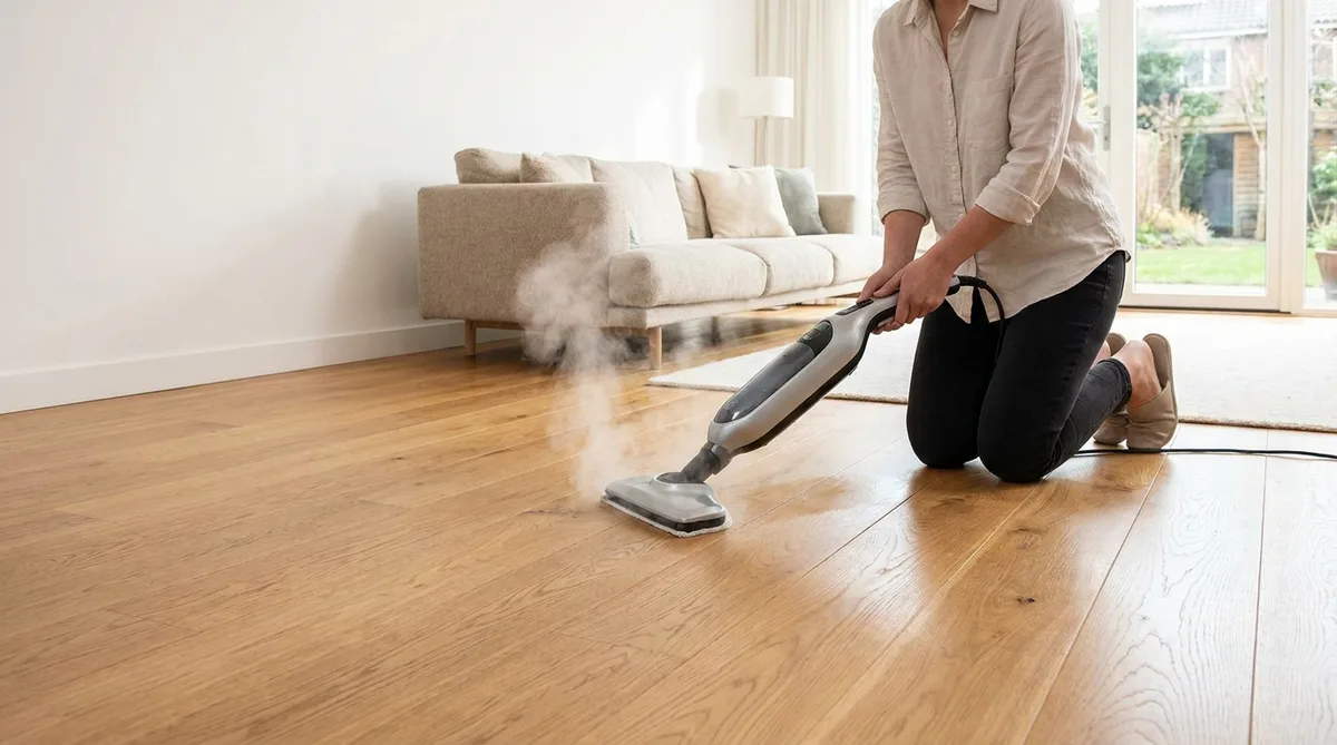 Personne nettoyant un parquet en bois massif avec un nettoyeur vapeur pour éliminer les parasites
