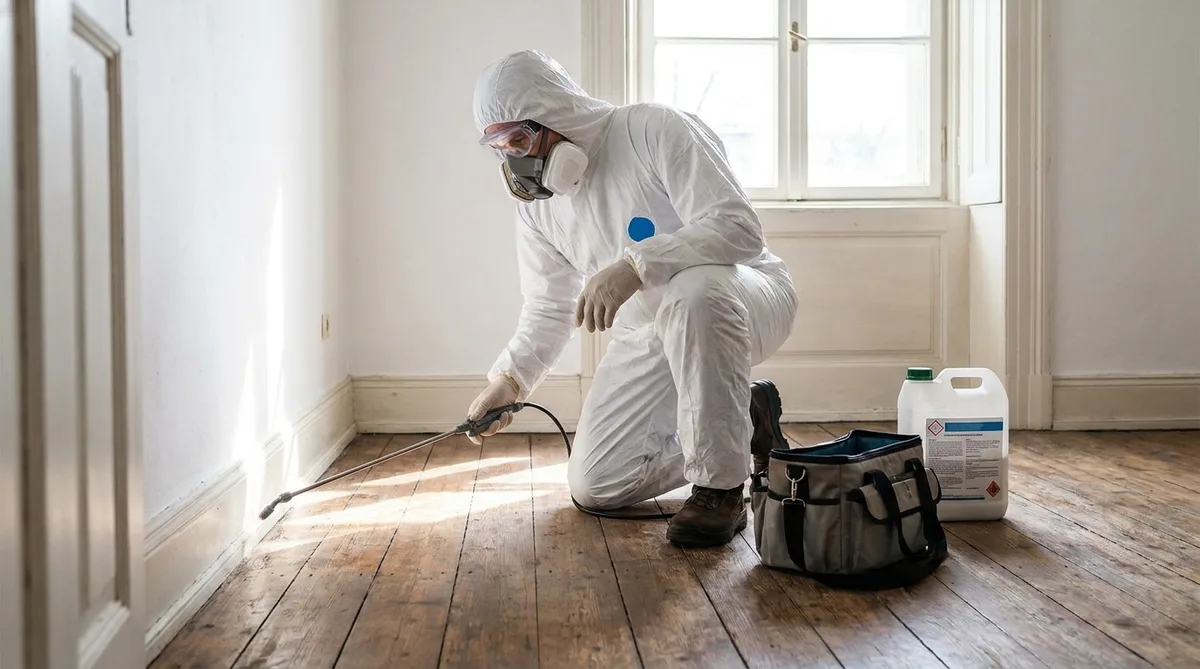 Désinsectiseur professionnel en combinaison de protection appliquant un traitement sur un plancher en bois
