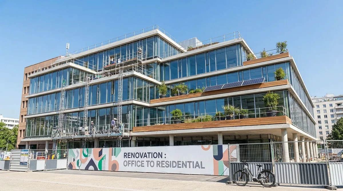 renovation of a modern office building into residential apartments in Lyon Part-Dieu district with large windows and eco-friendly green terraces, sunny day