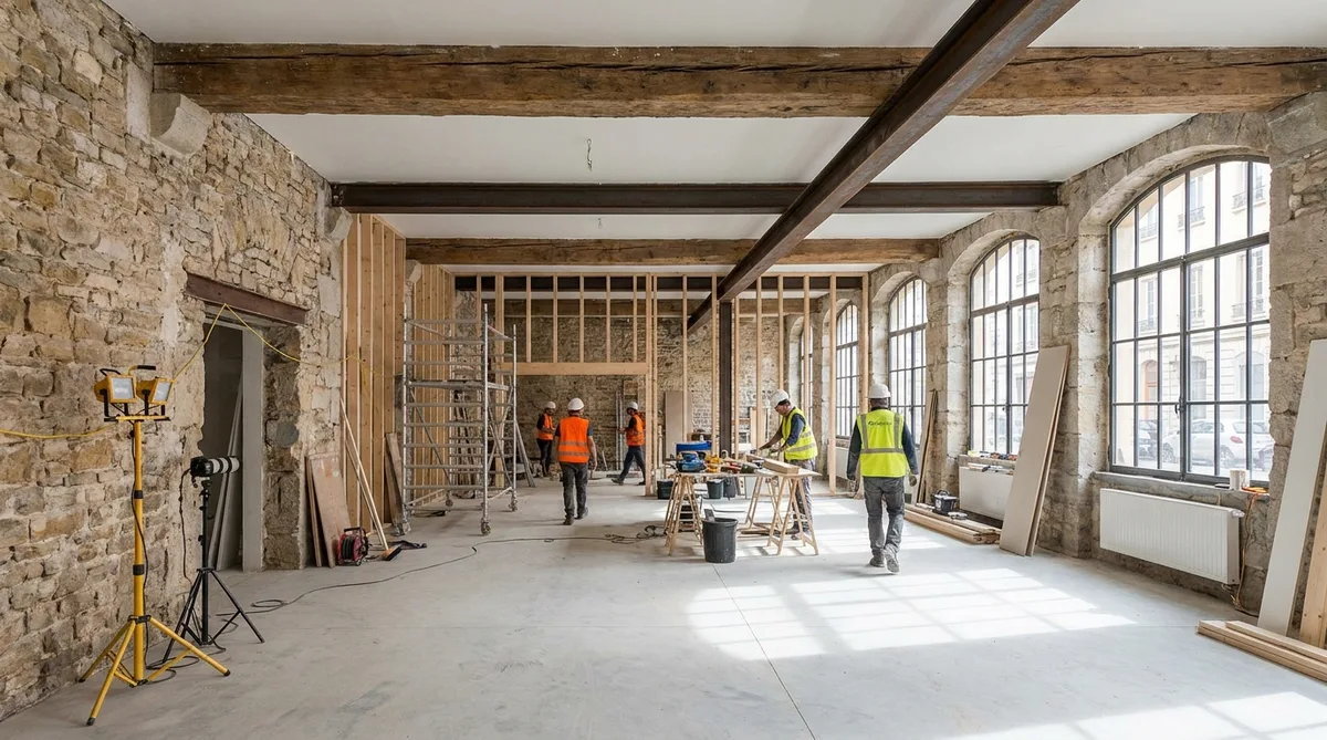 interior construction site of an old silk workshop being converted into a modern loft in Croix-Rousse Lyon, exposed stone walls and large wooden beams