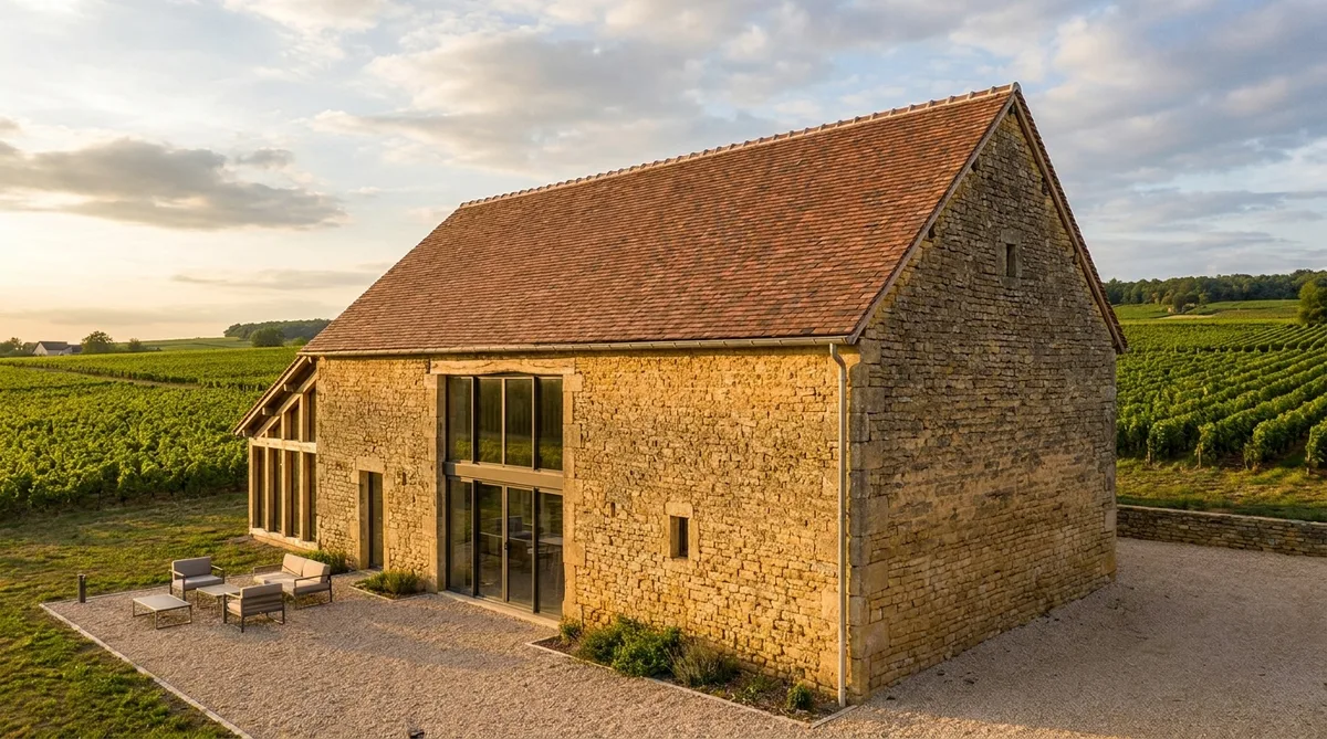 traditional burgundy stone barn conversion with flat clay tiles and vineyards in background
