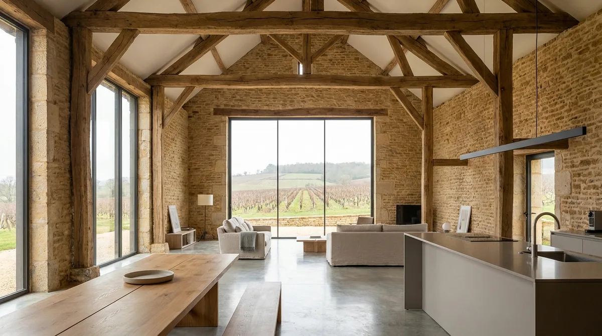 interior of a renovated barn in burgundy with exposed oak beams stone walls and large modern glass windows