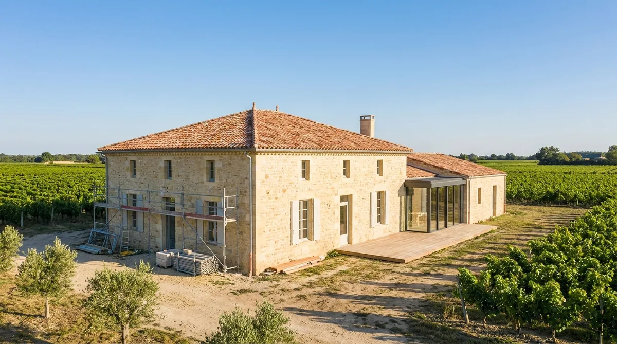 renovation of a traditional girondine blonde stone house with terracotta roof tiles surrounded by vineyards in Nouvelle-Aquitaine sunny day