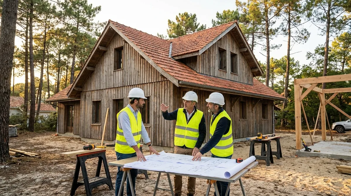 construction workers discussing plans in front of a typical arcachonnaise villa with wooden cladding and pine trees in Gironde