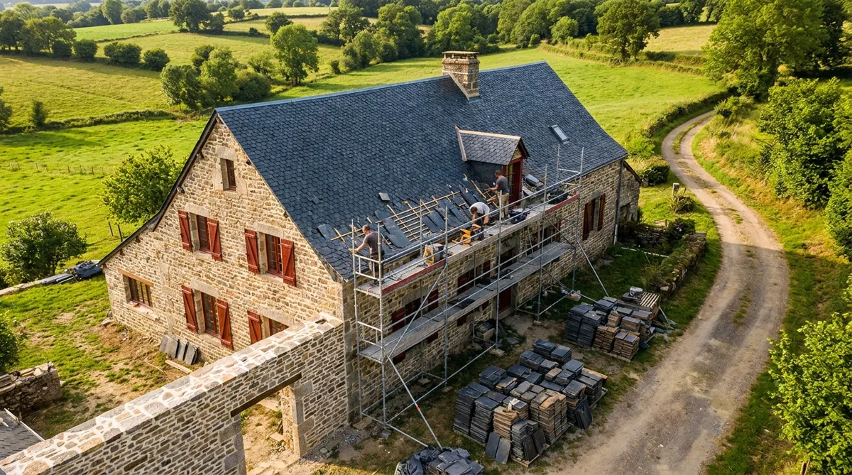 traditional stone house renovation in rural Corrèze during summer, slate roof repair, green landscape