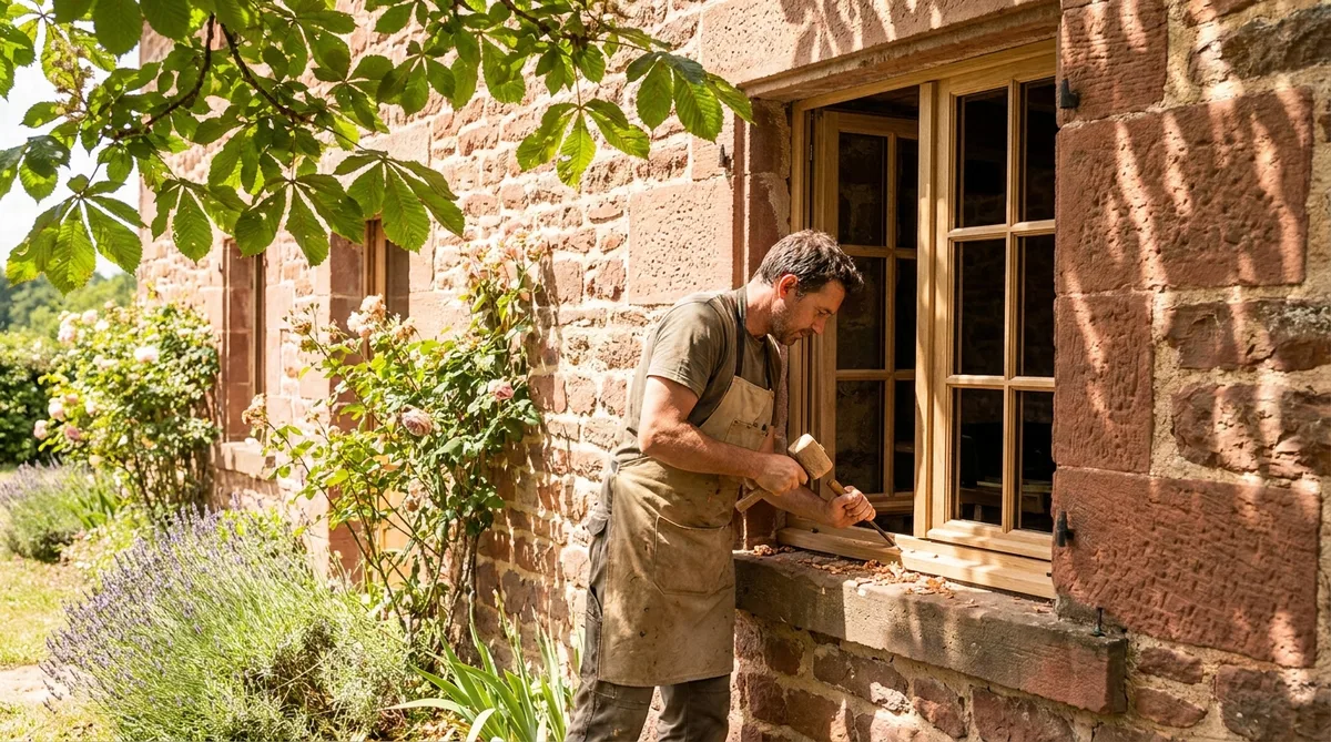 artisan installing wooden window in a typical Corrèze house with red sandstone, sunny August day