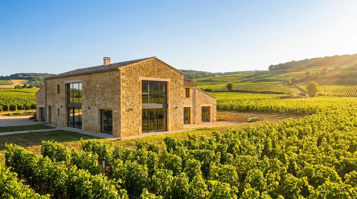 traditional burgundy stone house renovation in summer with vineyards in background