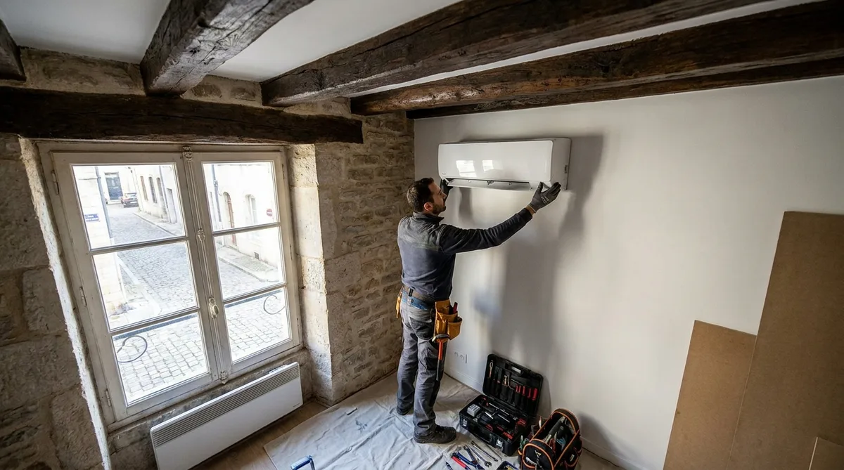 artisan installing cooling system in a traditional dijon apartment with exposed wooden beams
