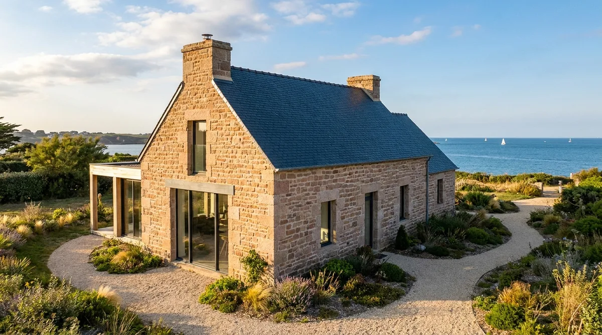 traditional stone house renovation in Brittany coast with pink granite and slate roof summer time
