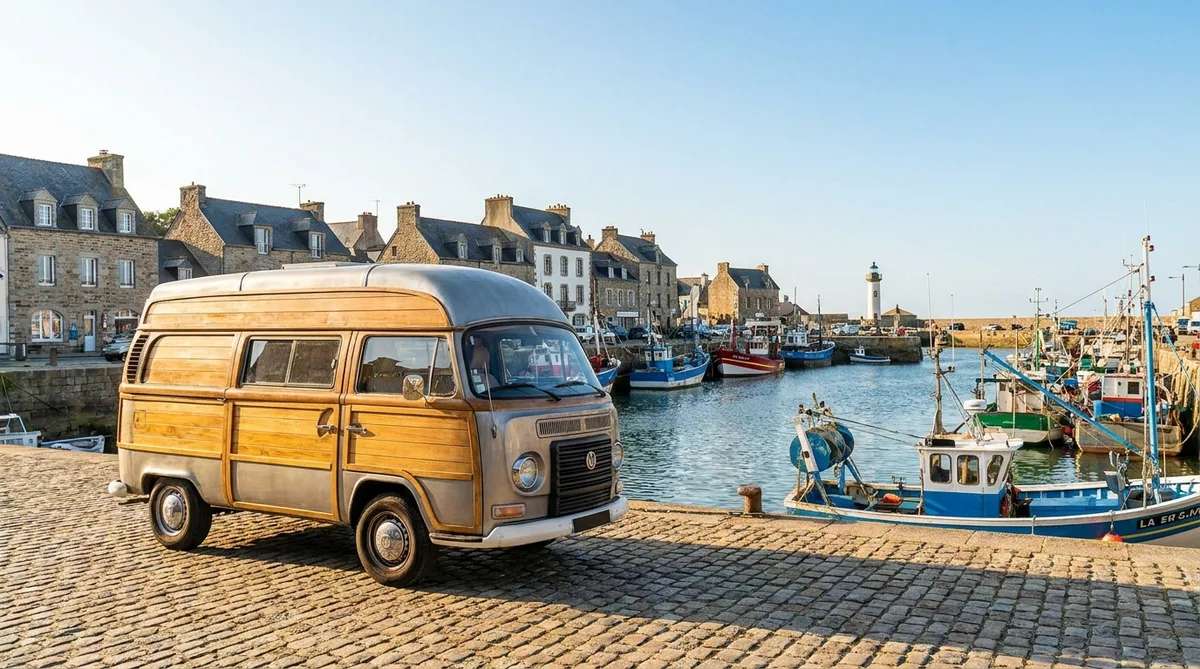 artisan van parked near a typical breton harbor in Cotes d'Armor during sunny summer day