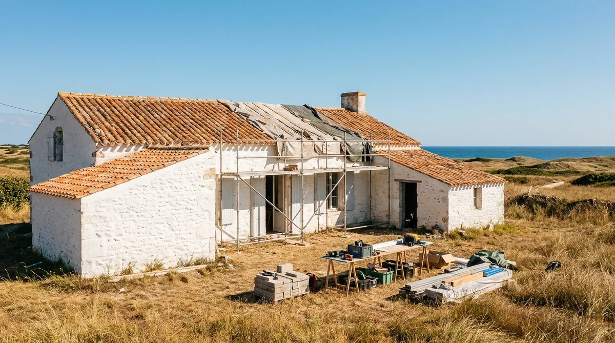 traditional vendee white house with terracotta roof tiles being renovated in summer near the coast