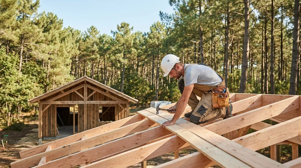 carpenter working on a wooden roof structure of a summer house in Vendee with pine trees in the background