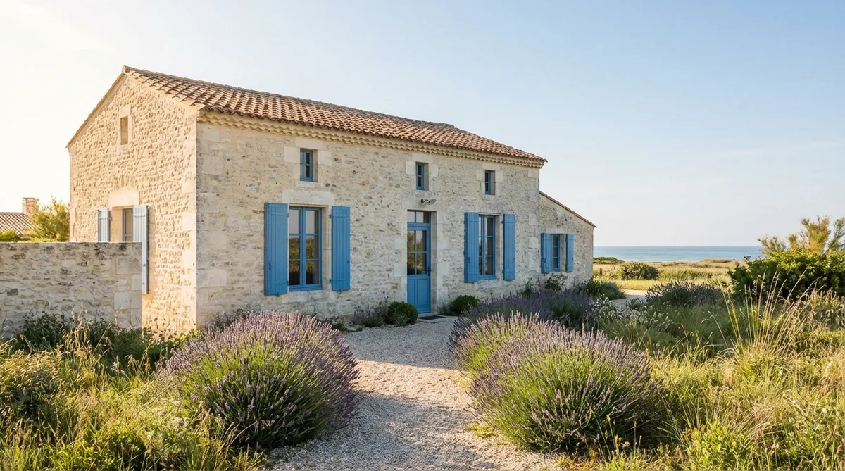 traditional charentaise stone house near the ocean with blue wooden shutters under spring sun in Nouvelle-Aquitaine