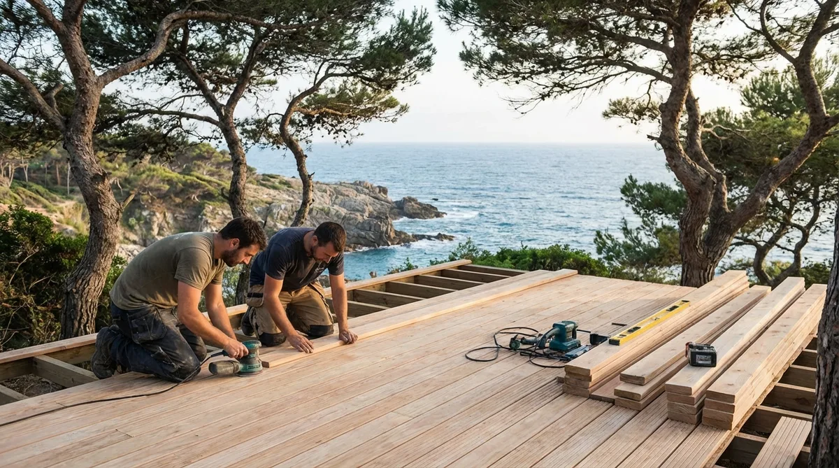 renovating a wooden terrace overlooking the Atlantic ocean in Charente-Maritime with pine trees