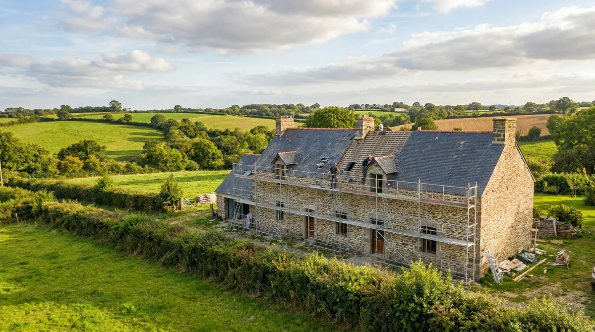 traditional breton longere renovation with scaffolding and slate roof in Ille-et-Vilaine countryside