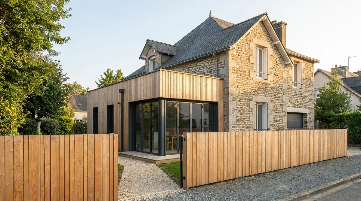 modern extension on granite house in Rennes suburbs showing property line fence