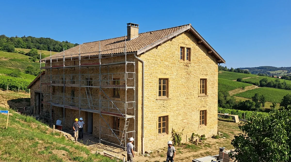 traditional golden stone house renovation in the Monts d'Or near Lyon with scaffolding and a clear blue sky