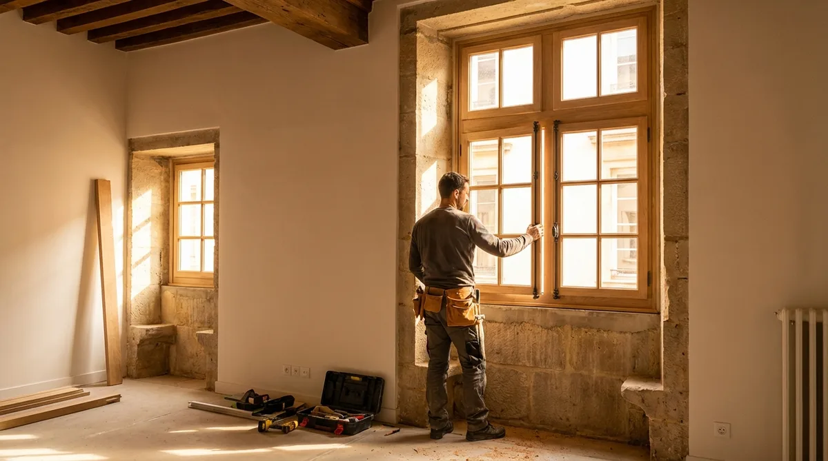 professional artisan installing a wooden window in a typical Lyonnais apartment building with warm sunlight