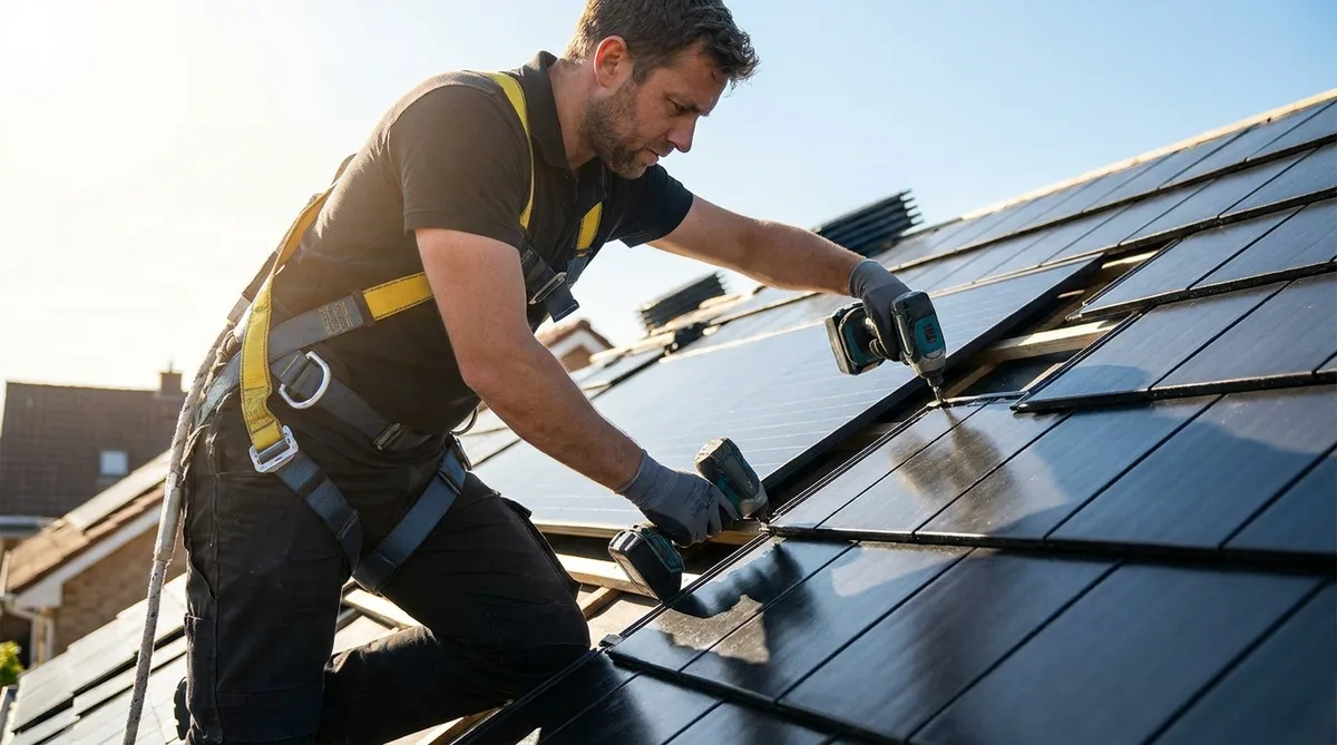 Close up of a modern roofer installing sleek black solar tiles on a residential roof under bright sunlight