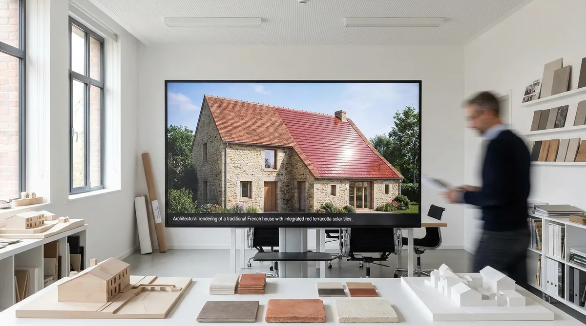 Architectural rendering of a traditional French house with integrated red terracotta solar tiles blending seamlessly into the roof