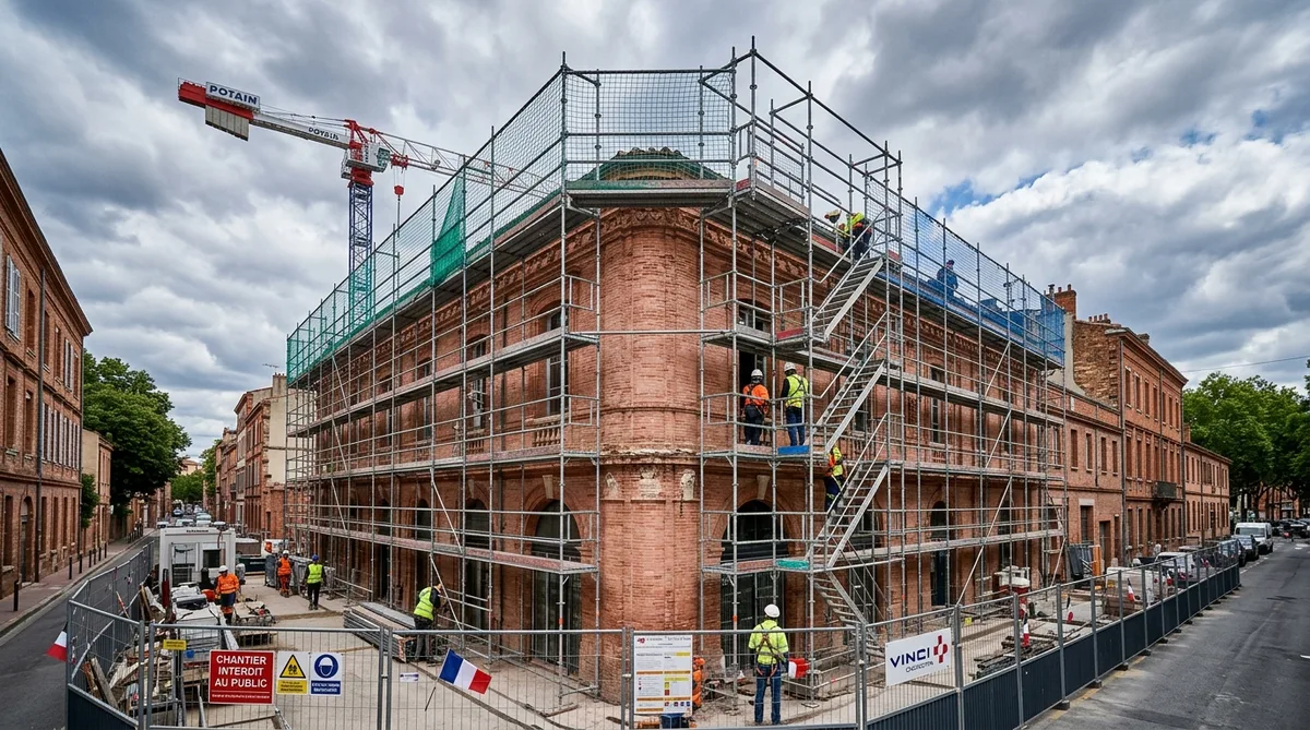 construction site in Toulouse with pink brick walls and secured scaffolding under a cloudy sky