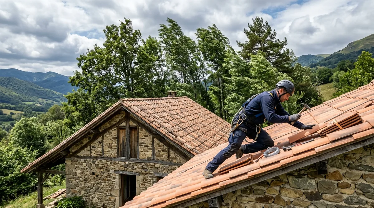 craftsman securing a roof on a traditional house in Haute-Garonne with strong wind blowing the trees