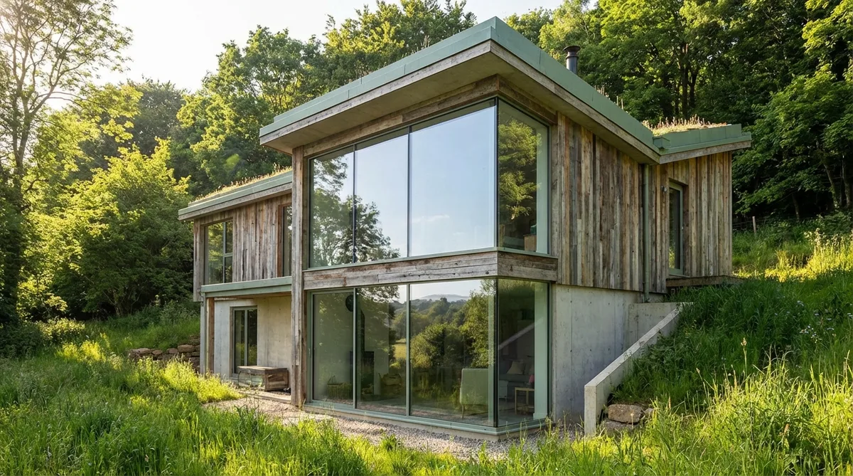 modern eco-friendly house with large recycled glass windows and natural light