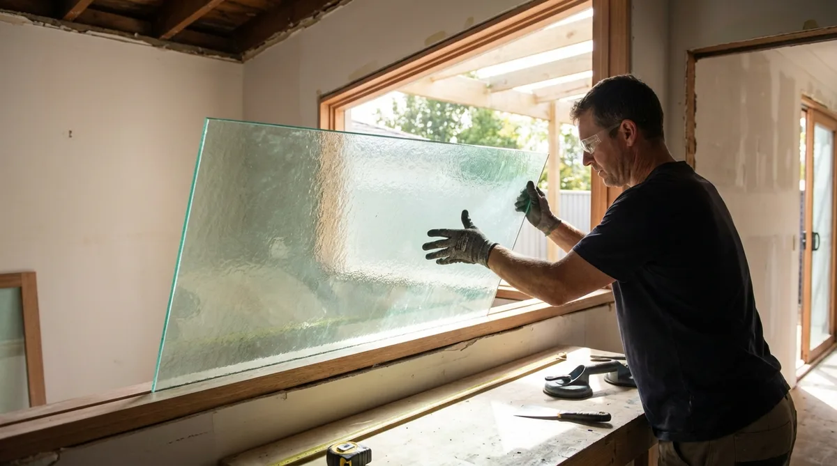 glazier installing a recycled glass window in a residential home renovation