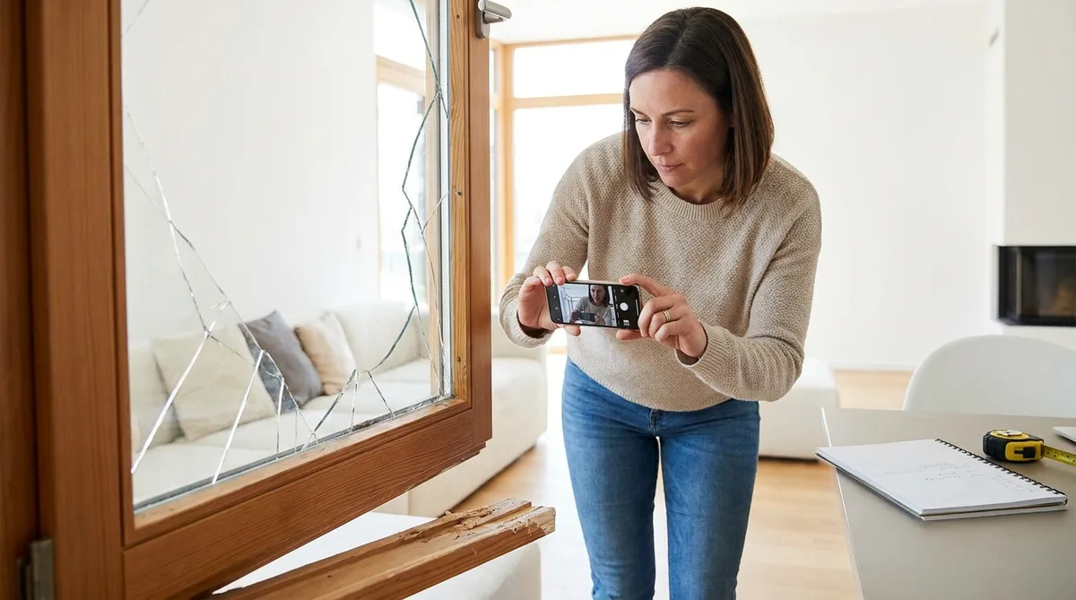 Homeowner taking clear photos of a shattered window frame with a smartphone for insurance documentation