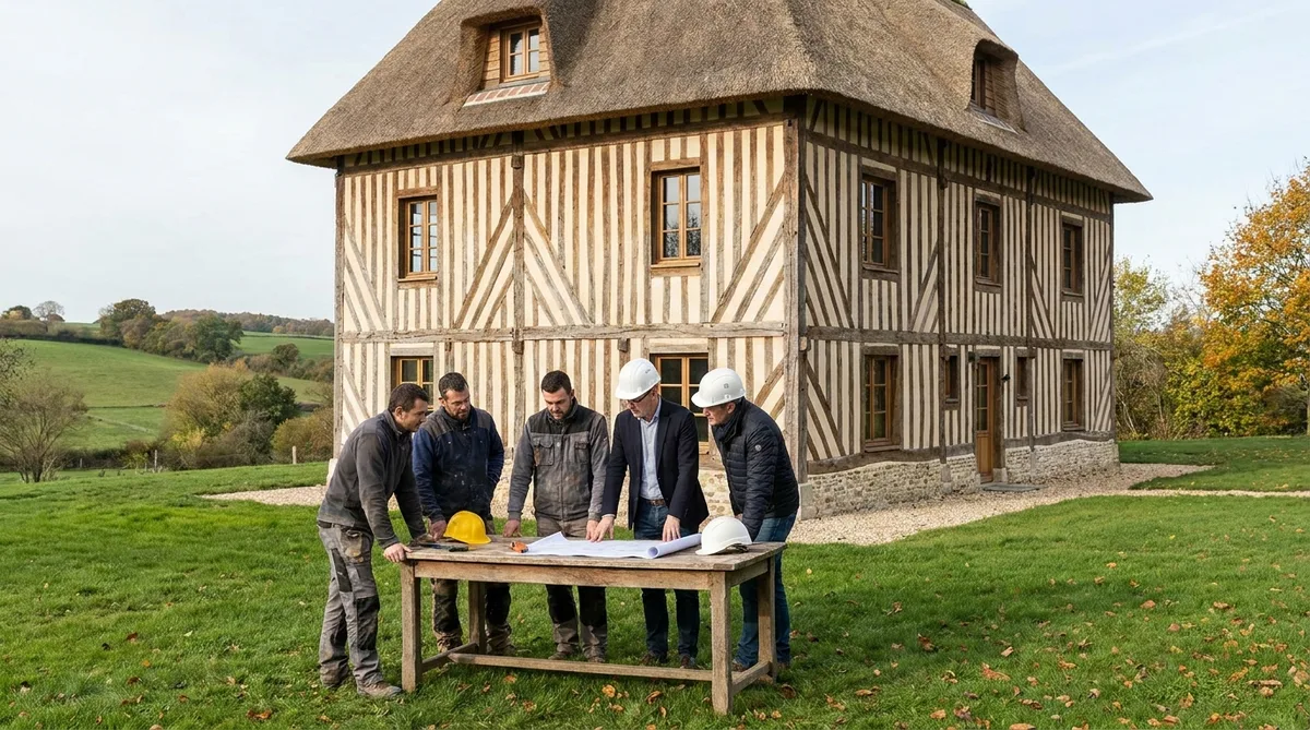 traditional Norman half-timbered house renovation in Pays d'Auge with local builders discussing plans