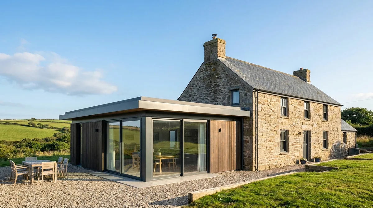 modern extension on a stone house near Caen under a sunny Norman sky