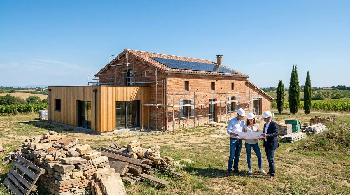 Rénovation d'une maison traditionnelle en brique rouge toulousaine dans la campagne de Haute-Garonne, journée ensoleillée, construction durable